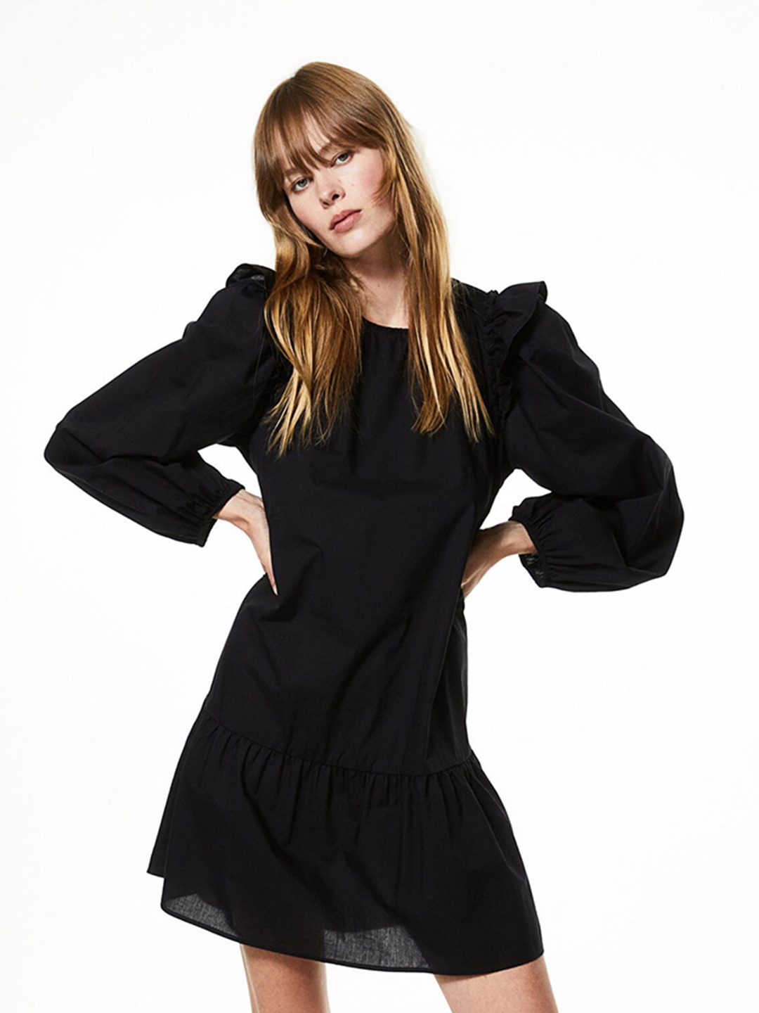 

H&M Pure Cotton Frill-Trimmed Dress, Black