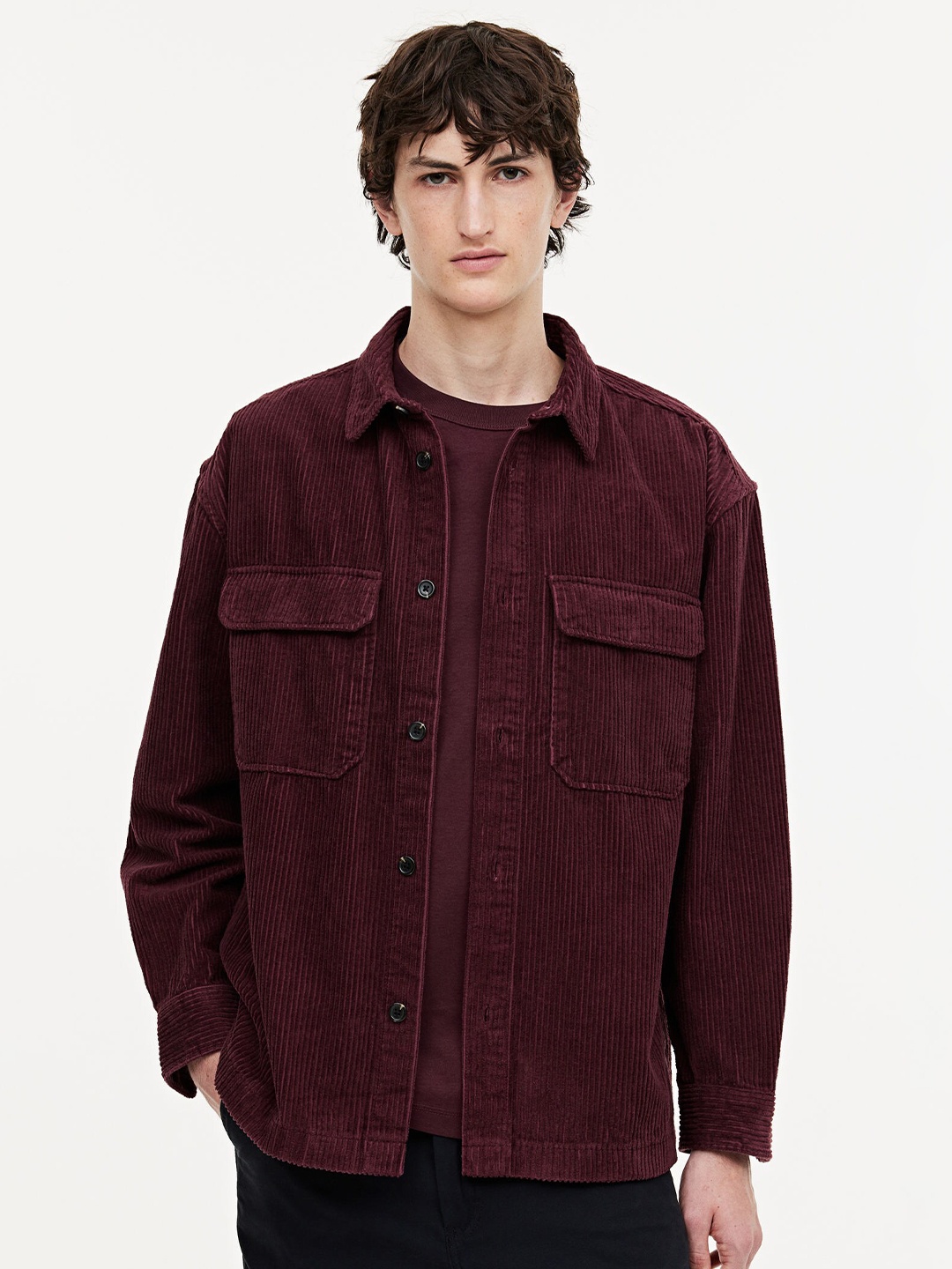 

H&M Relaxed Fit Corduroy Pure Cotton Shacket, Maroon