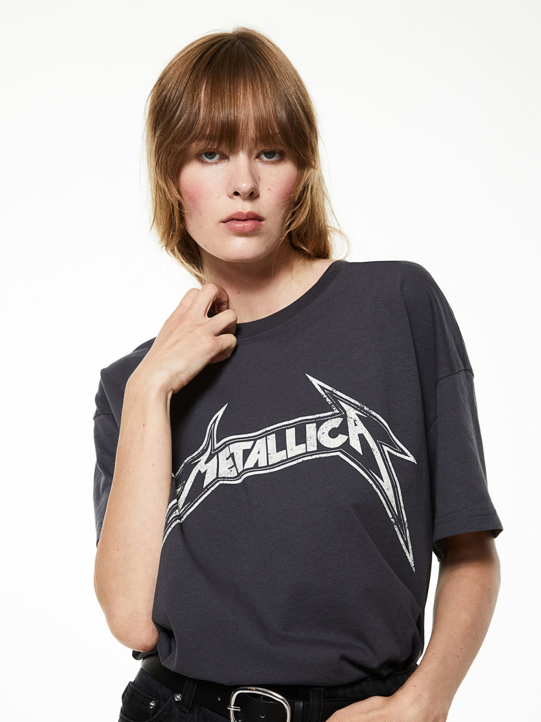 

H&M Oversized Printed Pure Cotton T-Shirt, Grey