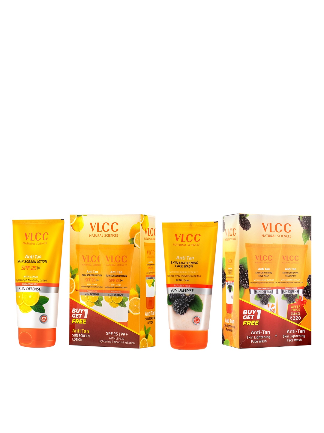 

VLCC Anti Tan Sun Defense SPF 25 Sunscreen Lotion Duo 150ml Each & Face Wash Duo 150g Each, Orange