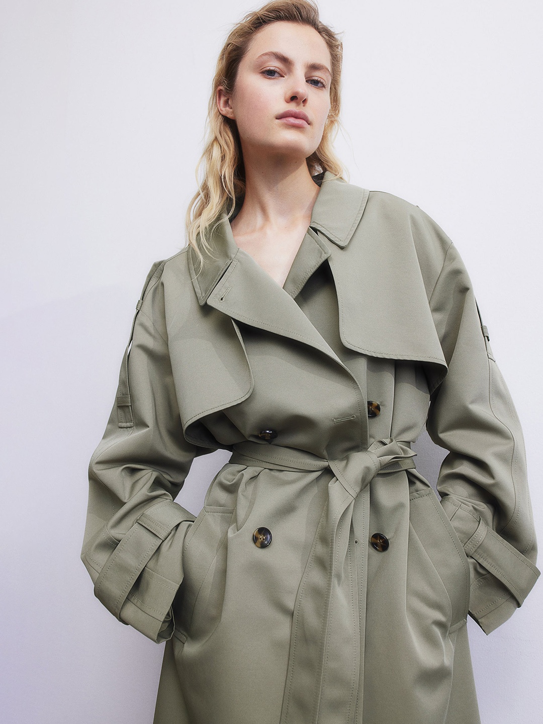 

H&M Double-Breasted Trenchcoat, Green