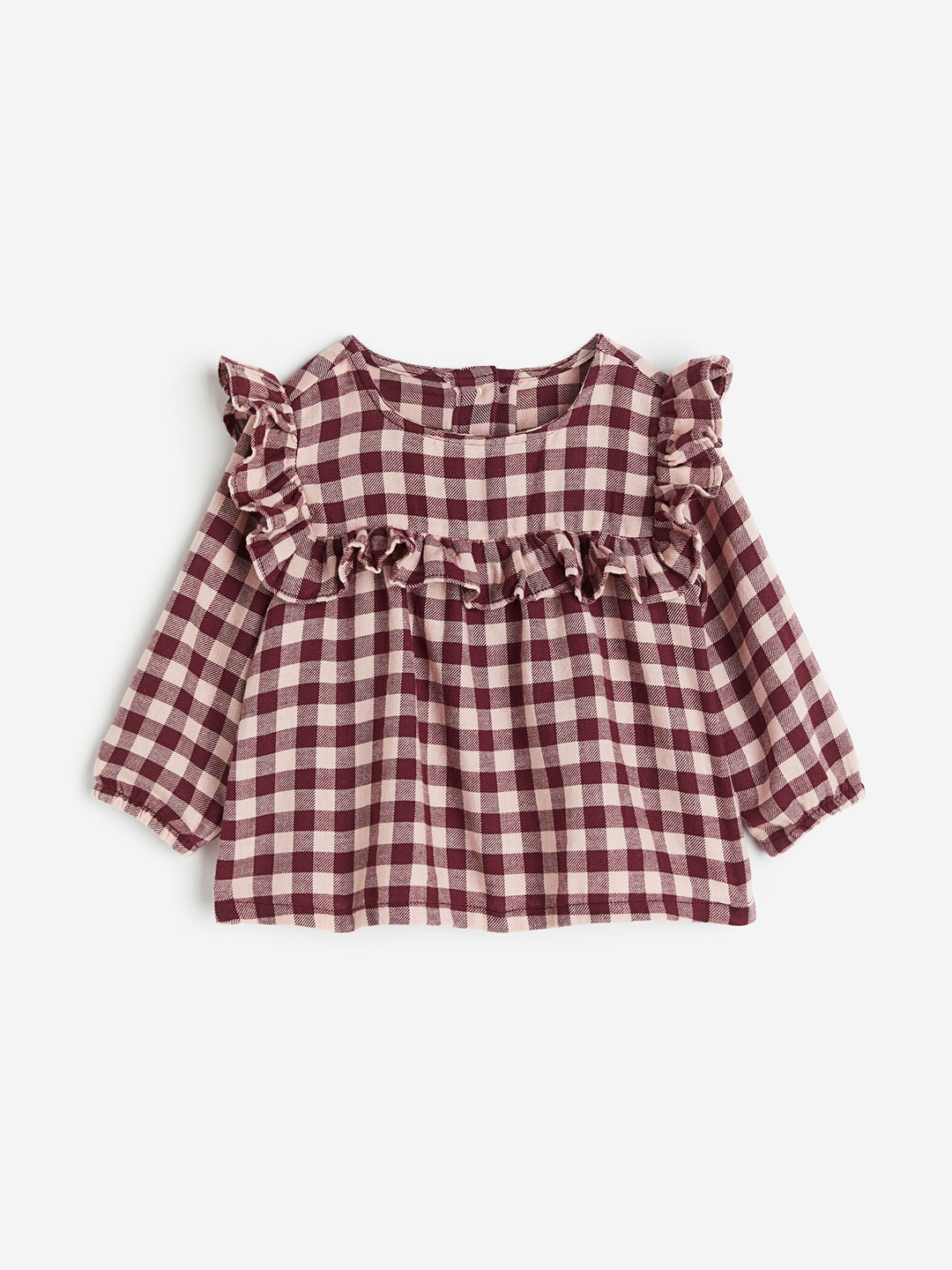 

H&M Infant Girls Pure Cotton Frill-Trimmed Flannel Blouse, Maroon