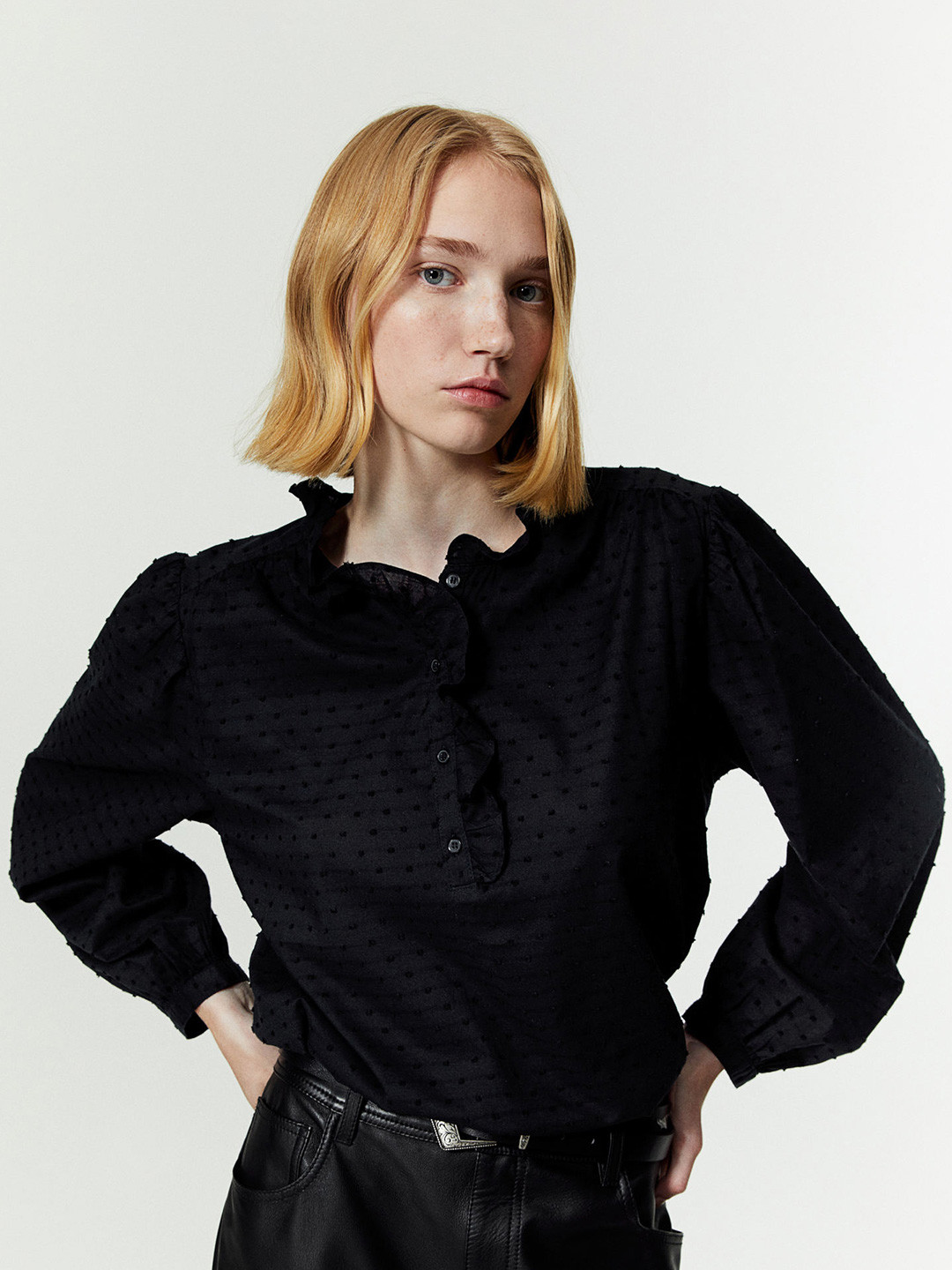 

H&M Pure Cotton Frill-Trimmed Pop-Over Blouse, Black