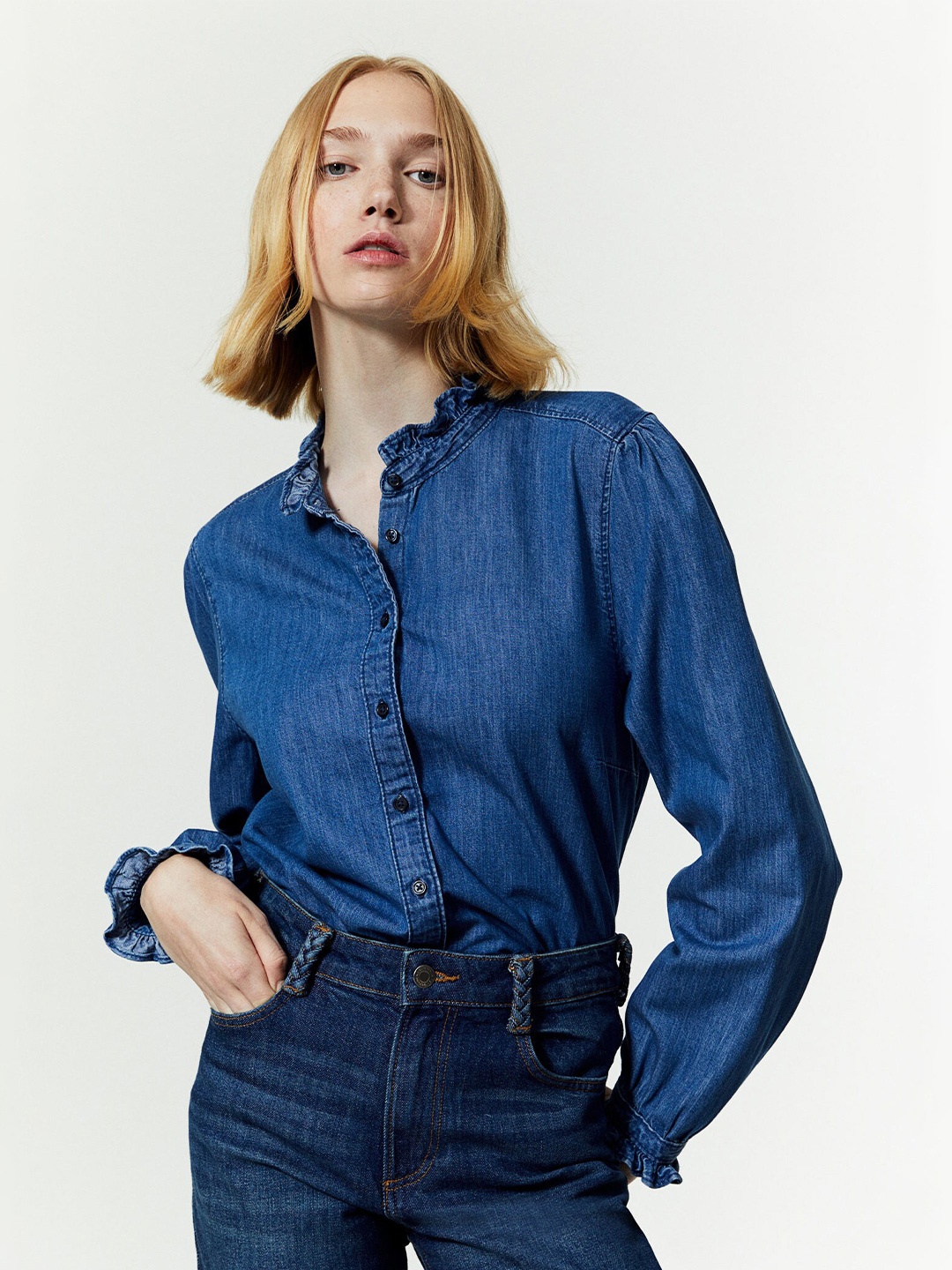 

H&M Pure Cotton Frill-Trimmed Denim Blouse, Blue