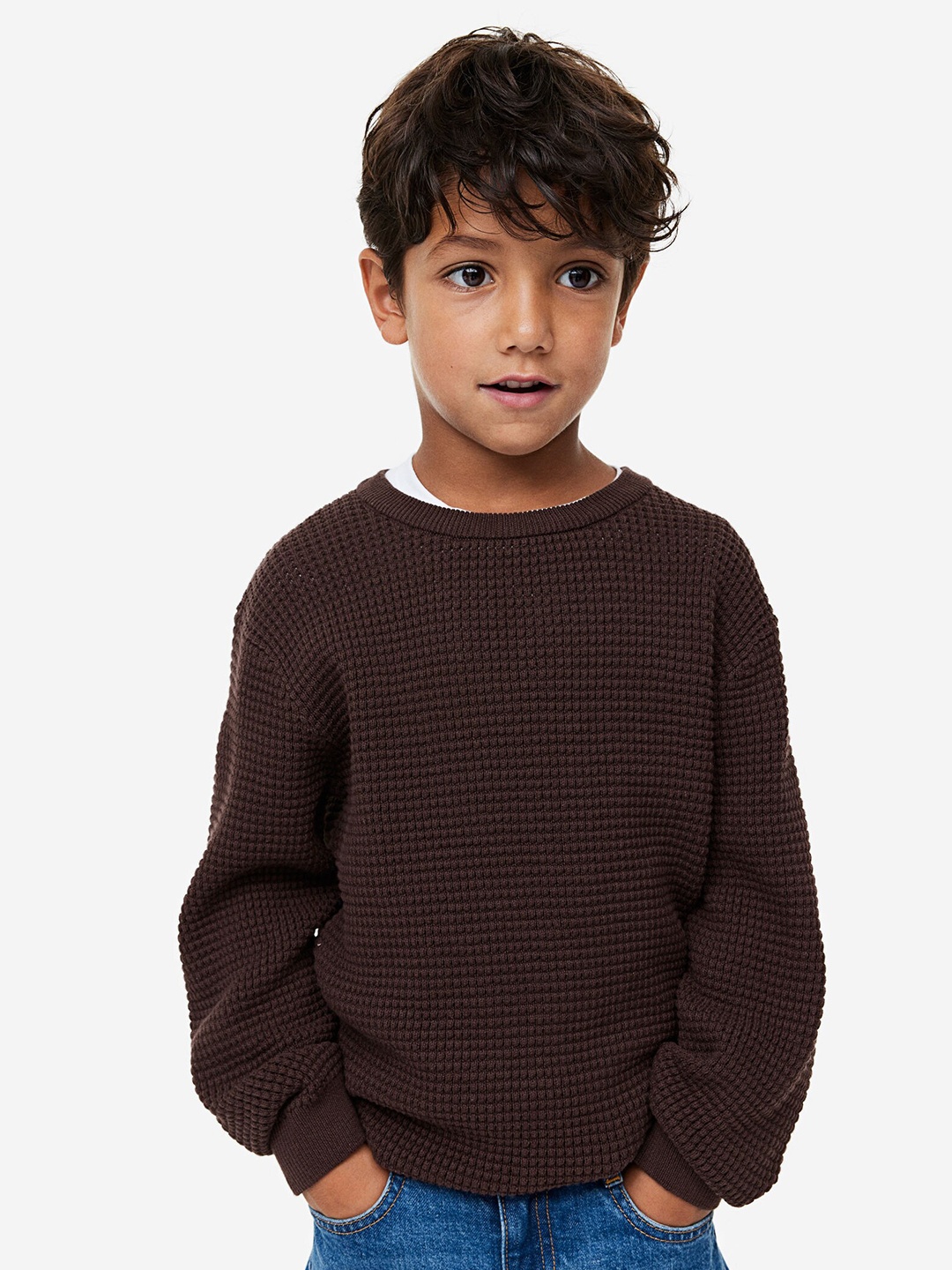 

H&M Infant Boys Pure Cotton Waffle-Knit Jumper, Brown