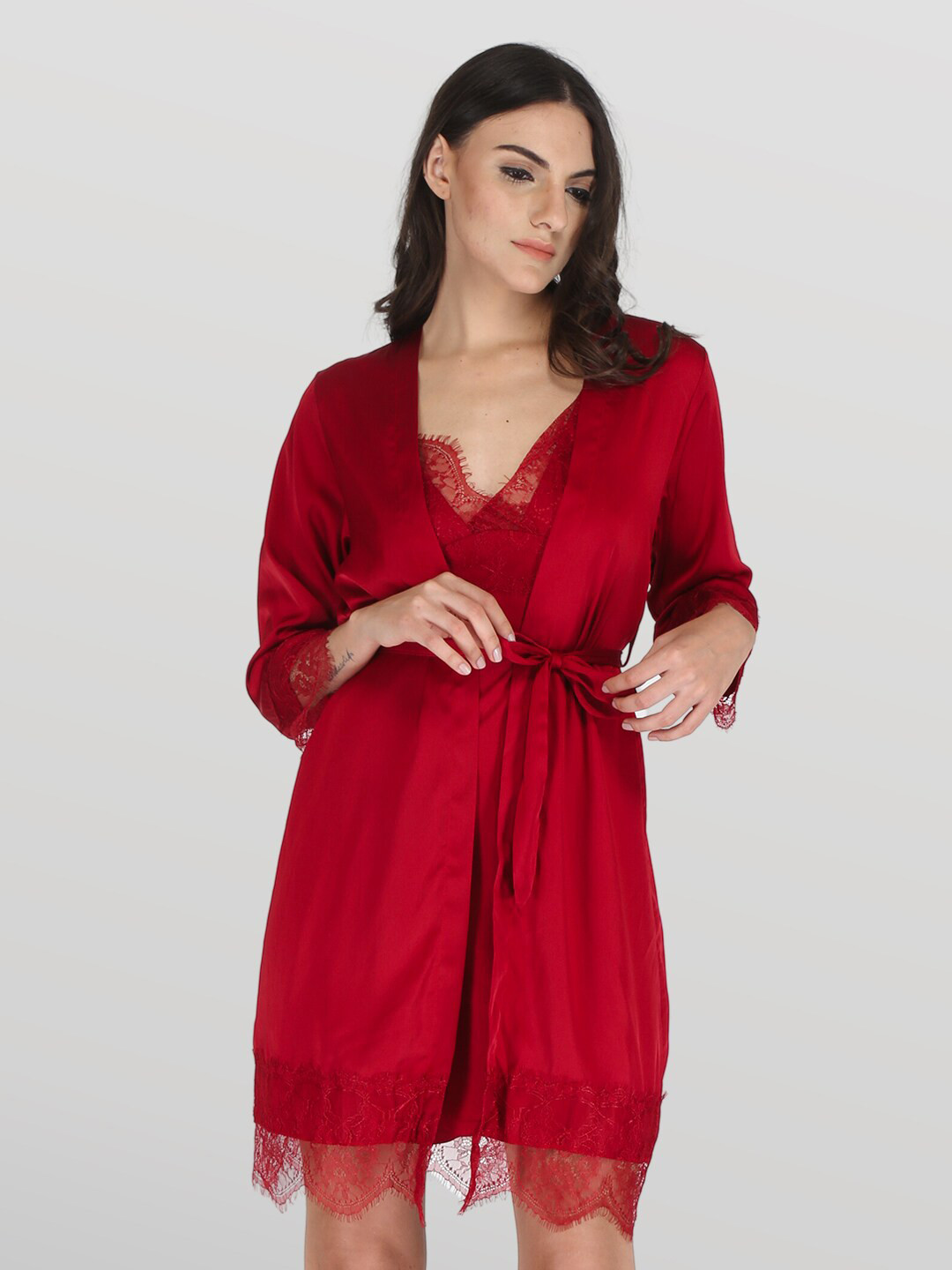 

EZLOOT Self Design Shoulder Straps Baby Doll With Robe, Red