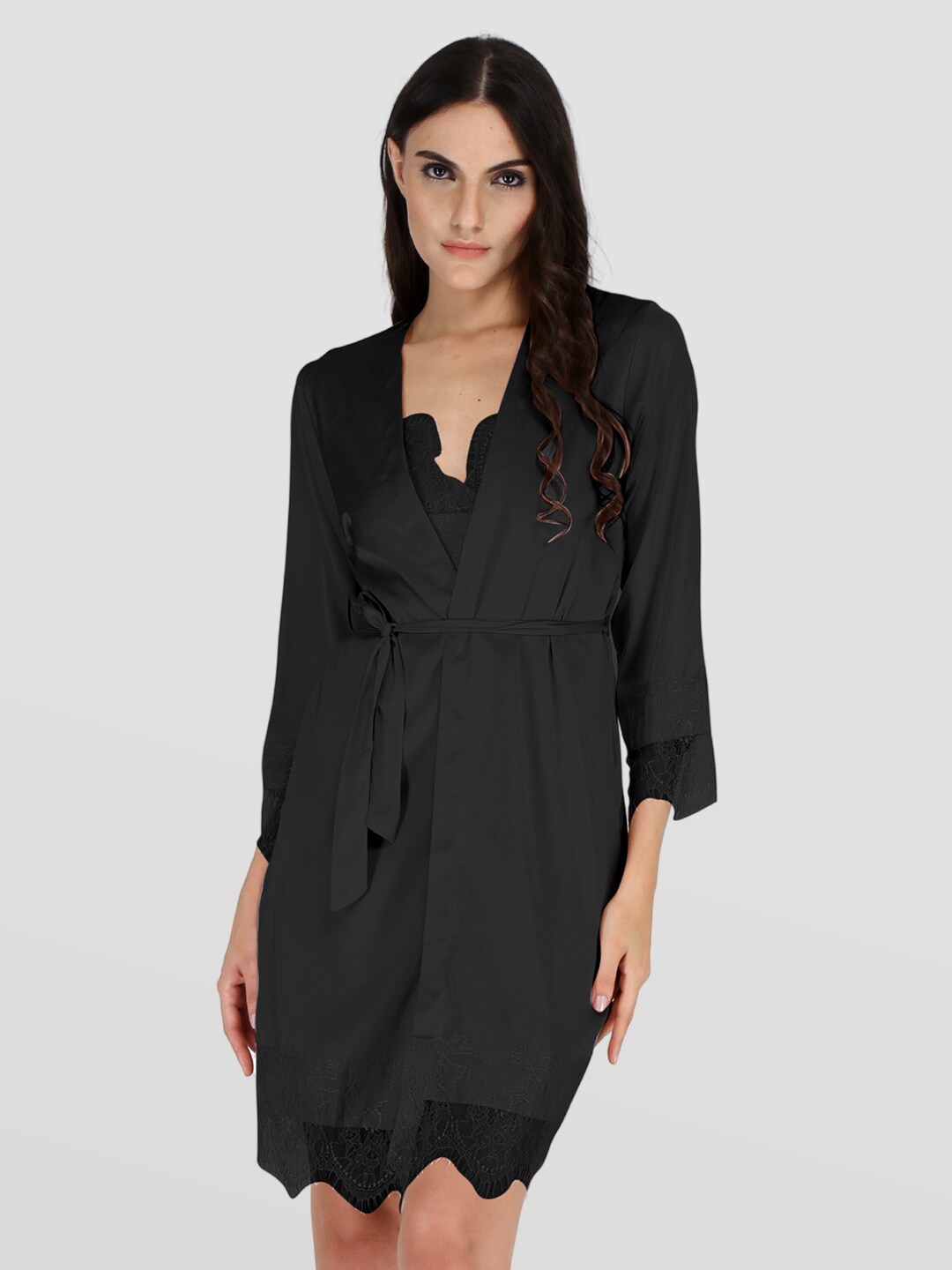 

EZLOOT Self Design Shoulder Straps Baby Doll With Robe, Black