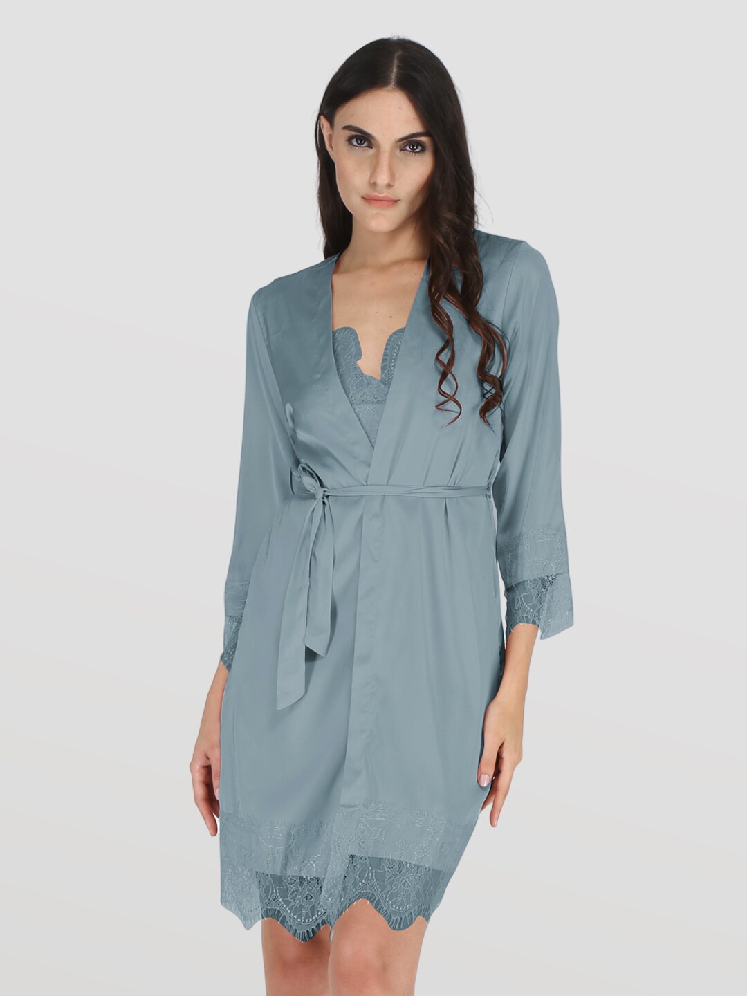 

EZLOOT Self Design Shoulder Straps Baby Doll With Robe, Grey