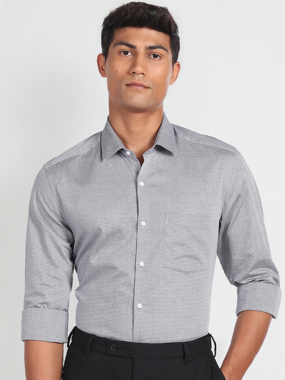 

Arrow Slim Fit Self Designed Spread Collar Pure Cotton Formal Shirt, Grey