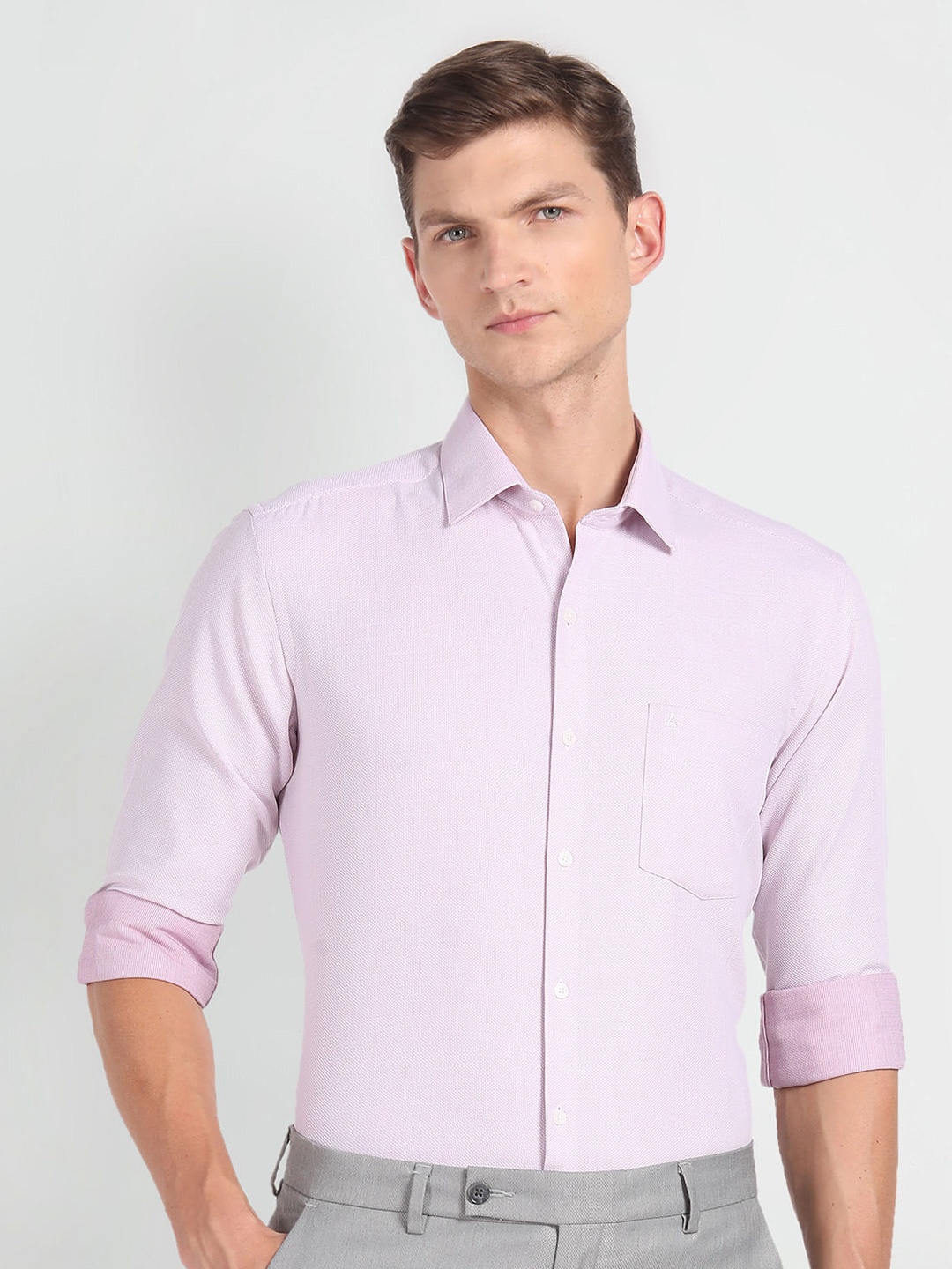 

Arrow Slim Fit Self Designed Spread Collar Pure Cotton Formal Shirt, Pink