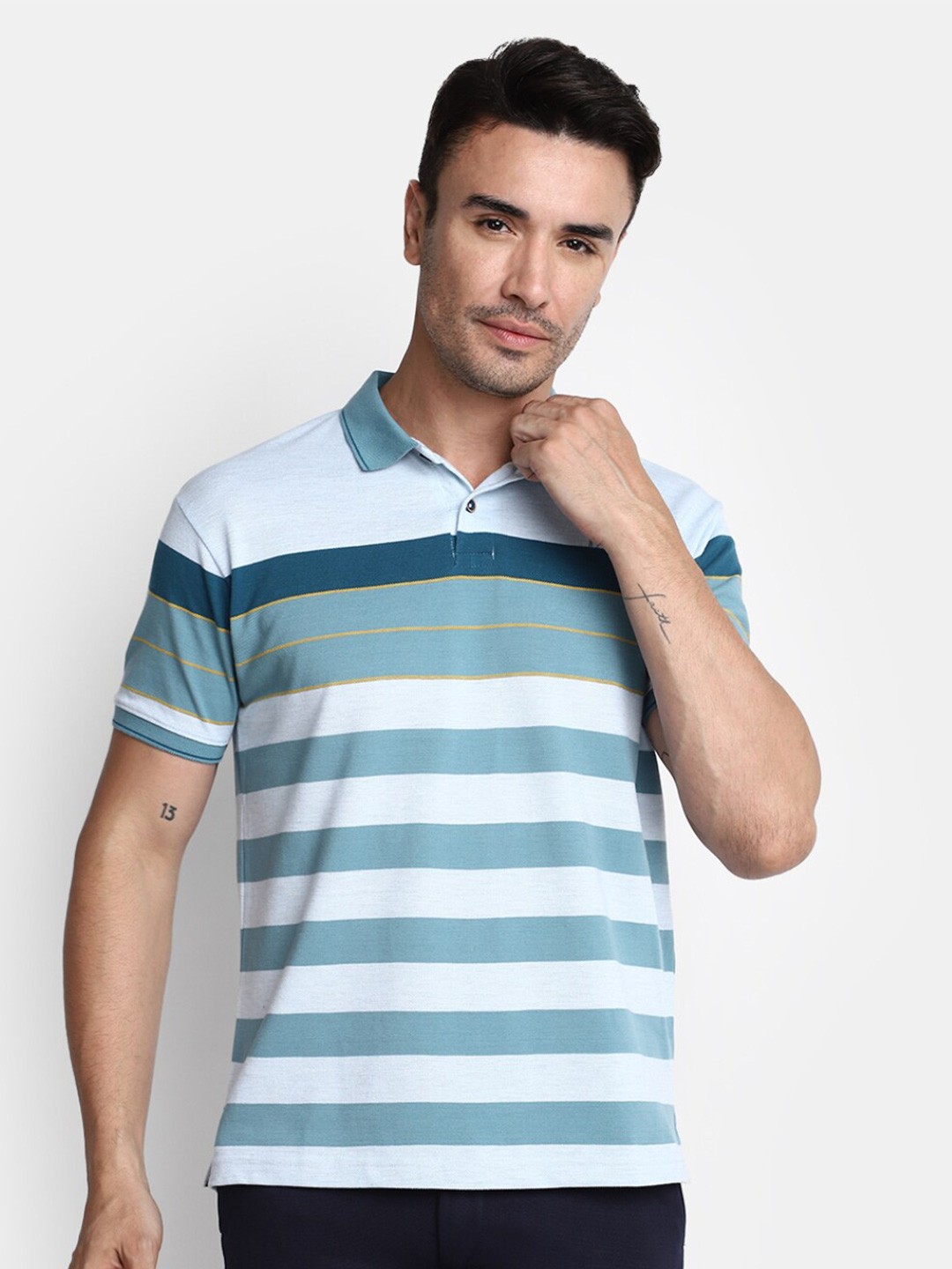 

V-Mart Regular Fit Striped Polo Collar Cotton T-shirt, Green