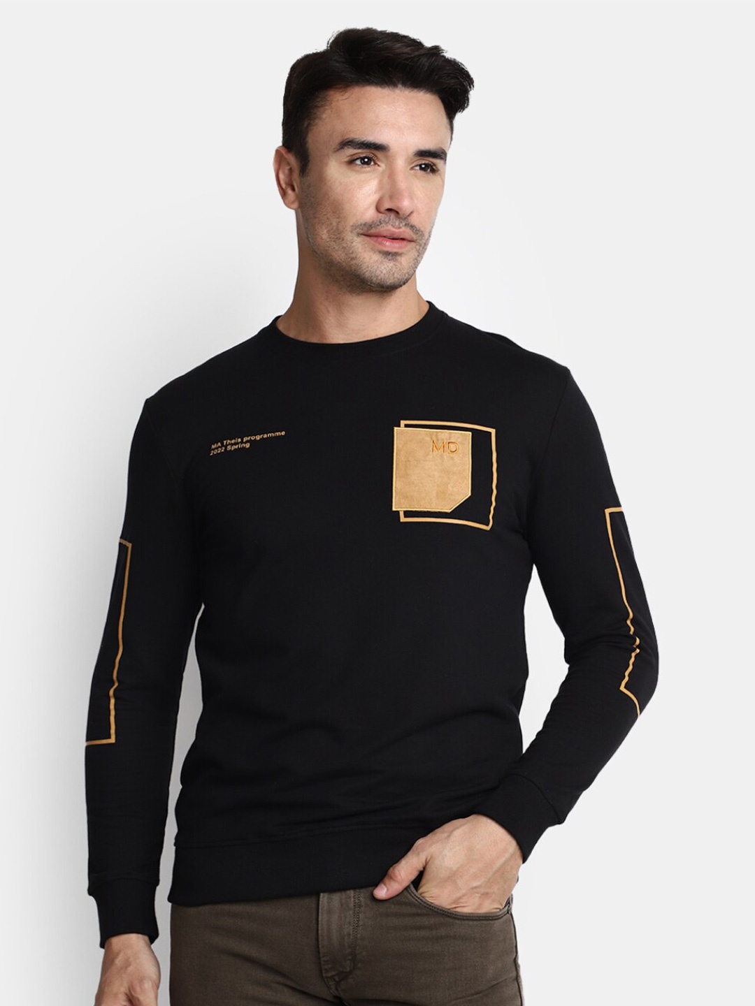 

V-Mart Graphic Printed Round Neck Long Sleeve Cotton T-shirt, Black