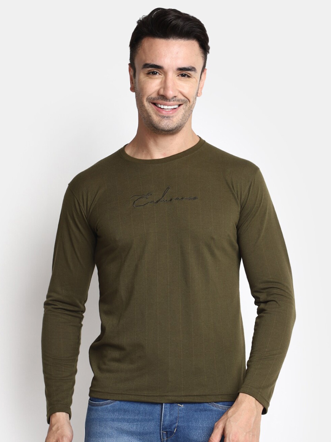 

V-Mart Typography Printed Round Neck Long Sleeve Cotton T-Shirt, Green