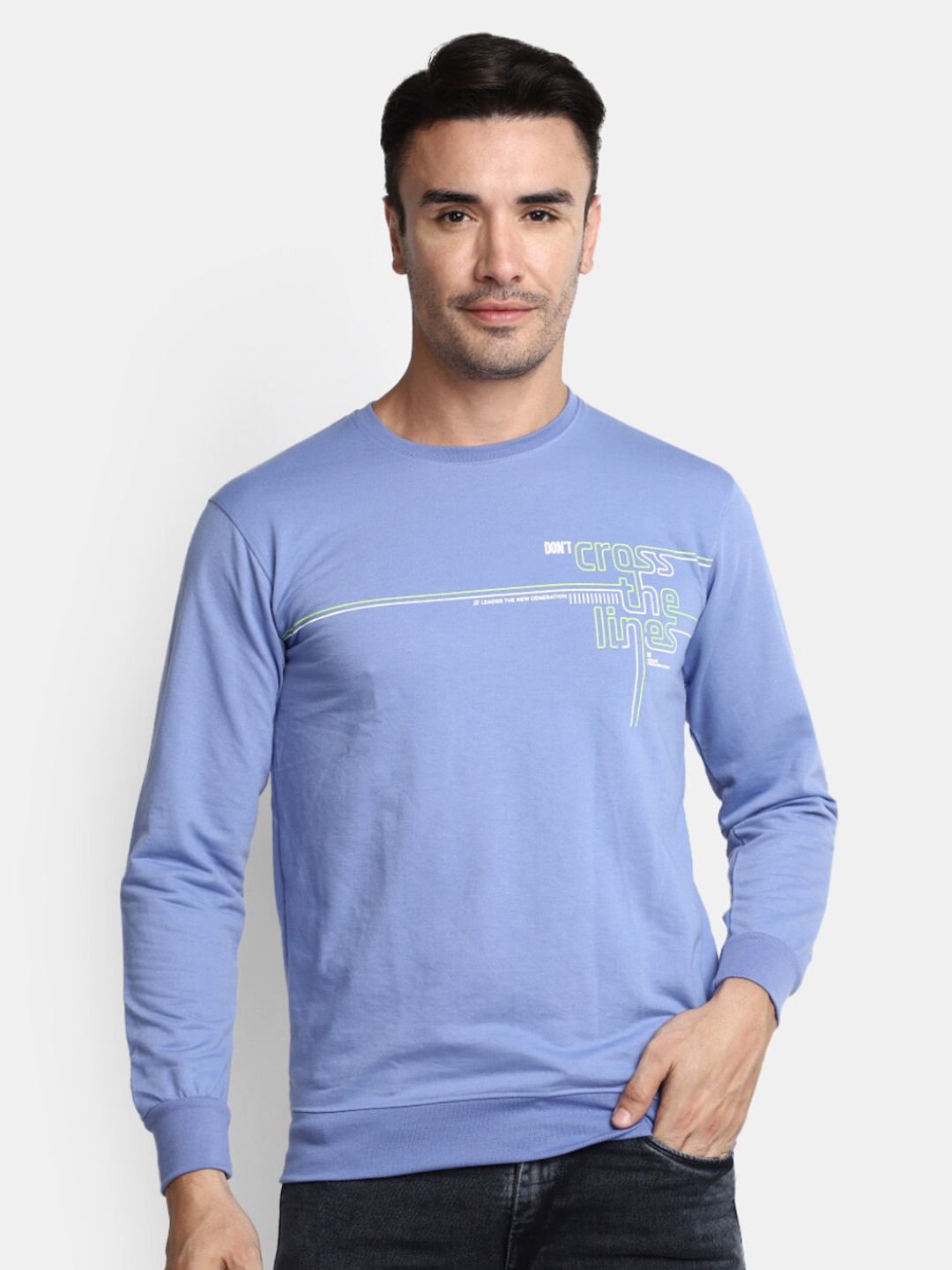 

V-Mart Typography Printed Round Neck Long Sleeve Cotton T-Shirt, Blue