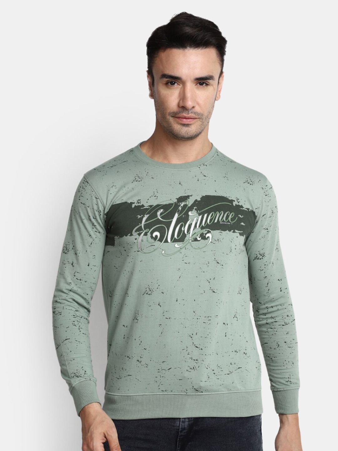 

V-Mart Typography Printed Round Neck Long Sleeve Cotton T-Shirt, Green