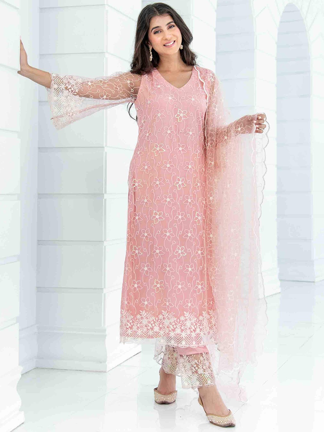 

Label Shaurya Sanadhya Floral Embroidered Thread Work Kurta with Pyjamas & Dupatta, Peach