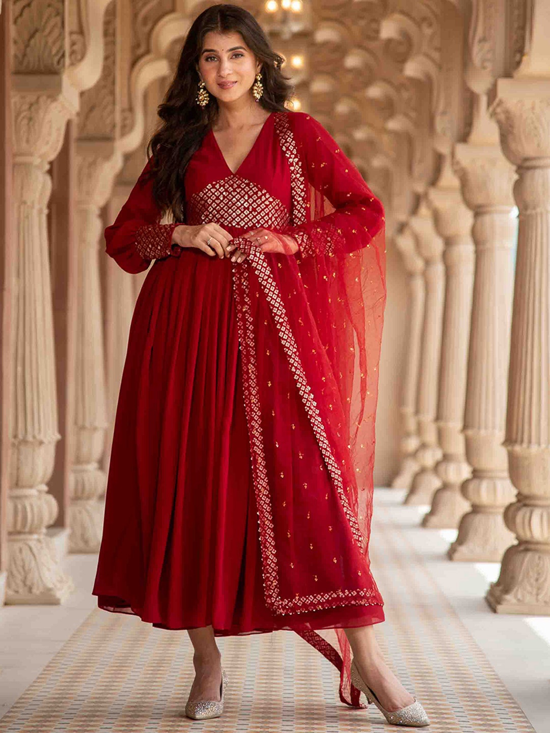 

Label Shaurya Sanadhya Empire Sequinned Anarkali Kurta With Trousers & Dupatta, Maroon