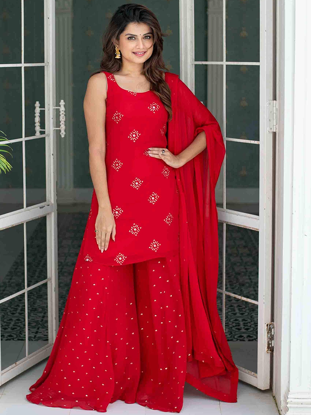 

Label Shaurya Sanadhya Embroidered Sequinned Kurta With Palazzos & Dupatta, Red