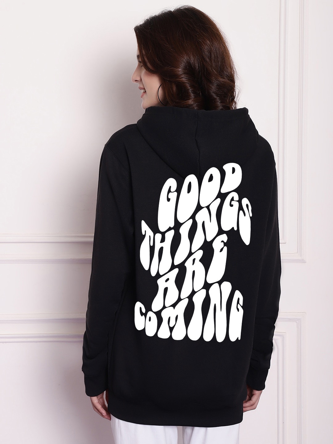 

Imsa Moda Typography Printed Hooded Oversized Fleece Sweatshirt, Navy blue