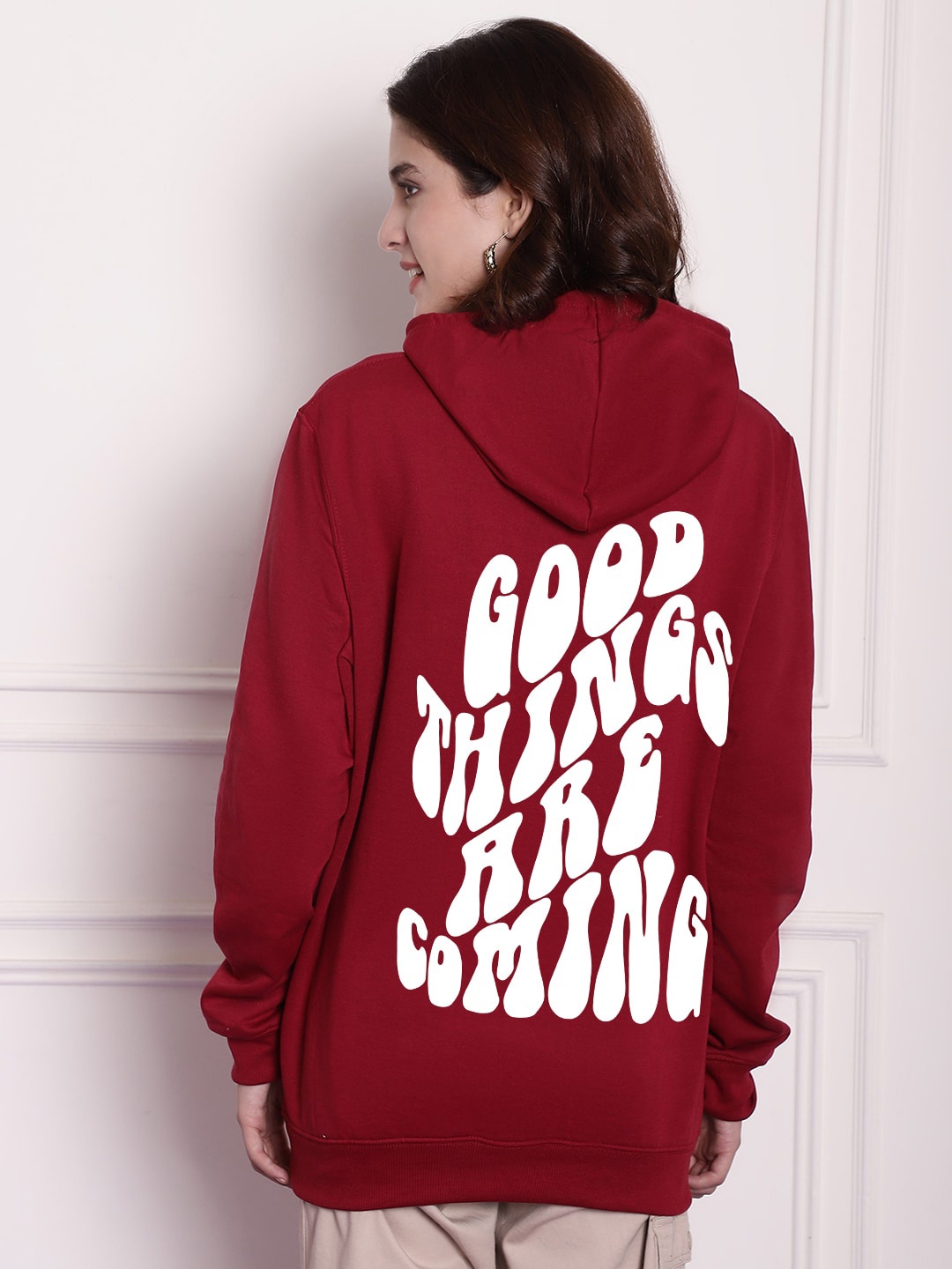 

Imsa Moda Typography Printed Hooded Oversized Fleece Sweatshirt, Maroon