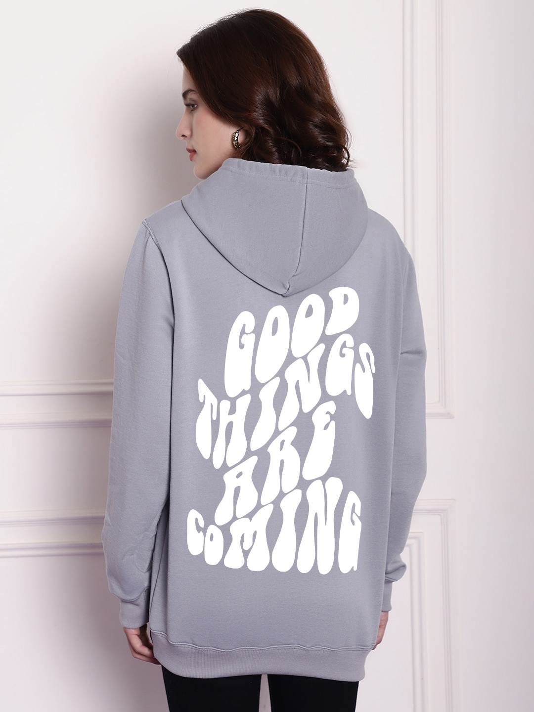 

Imsa Moda Typography Printed Hooded Oversized Fleece Sweatshirt, Grey