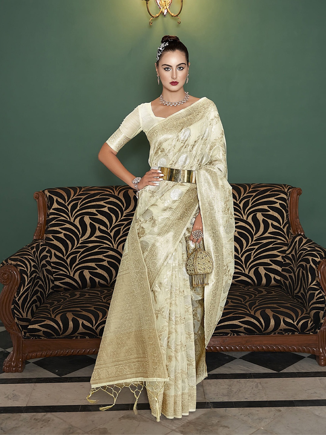 

elora Ethnic Motifs Woven Design Zari Detail Banarasi Saree, Off white