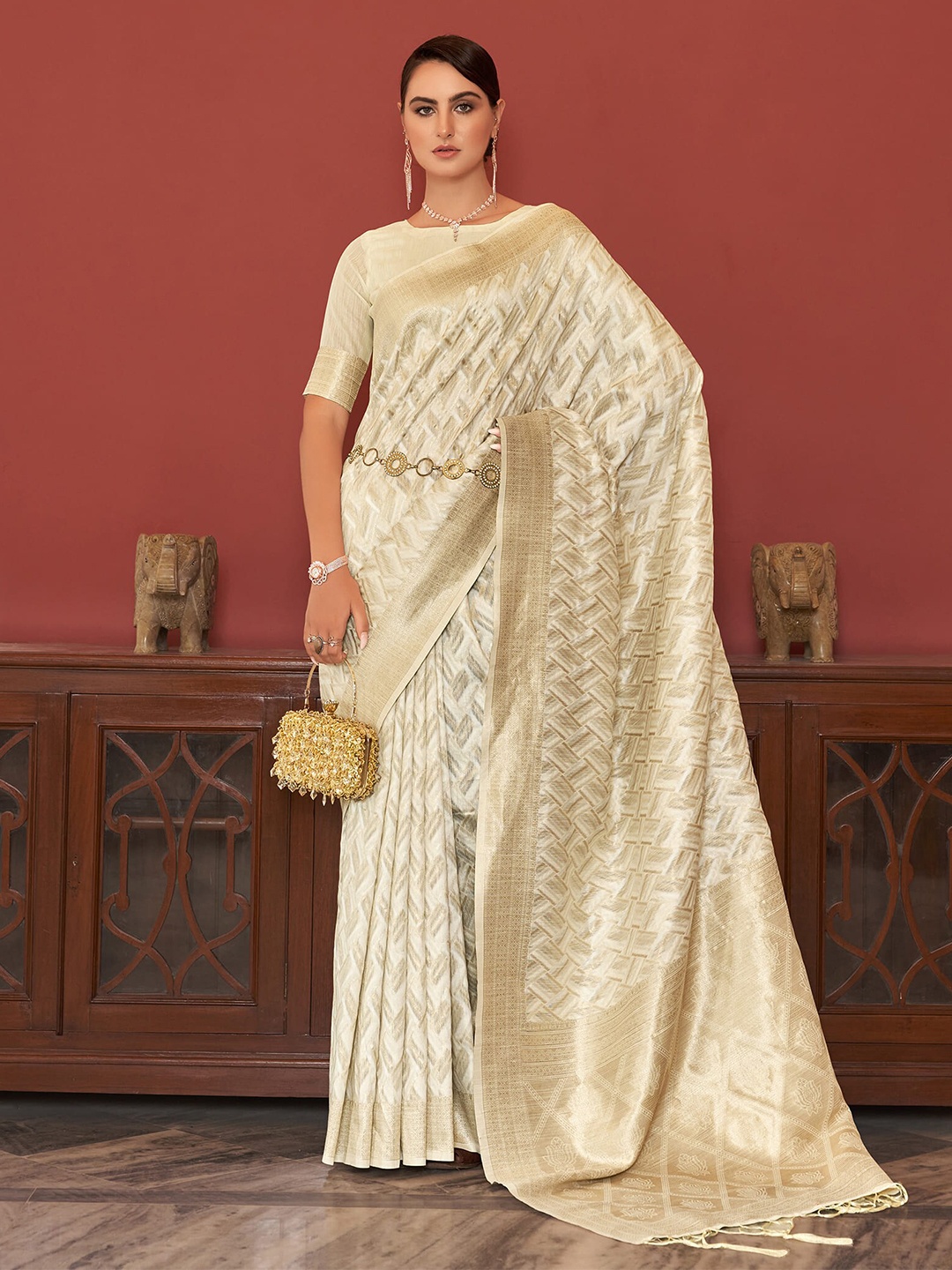 

elora Geometric Woven Design Zari Banarasi Designer Saree, White