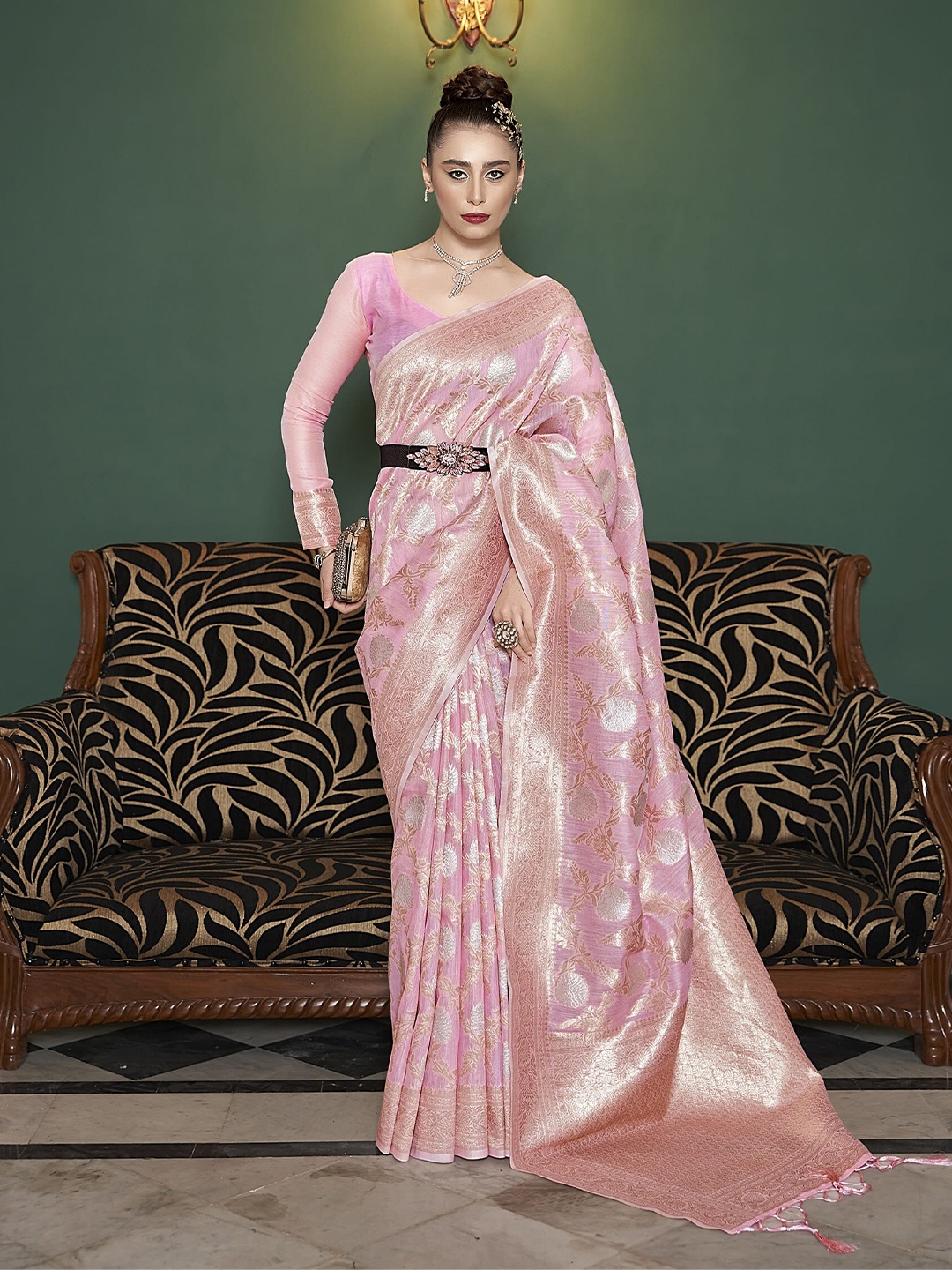 

elora Ethnic Motifs Woven Design Zari Linen Silk Banarasi Designer Saree, Pink