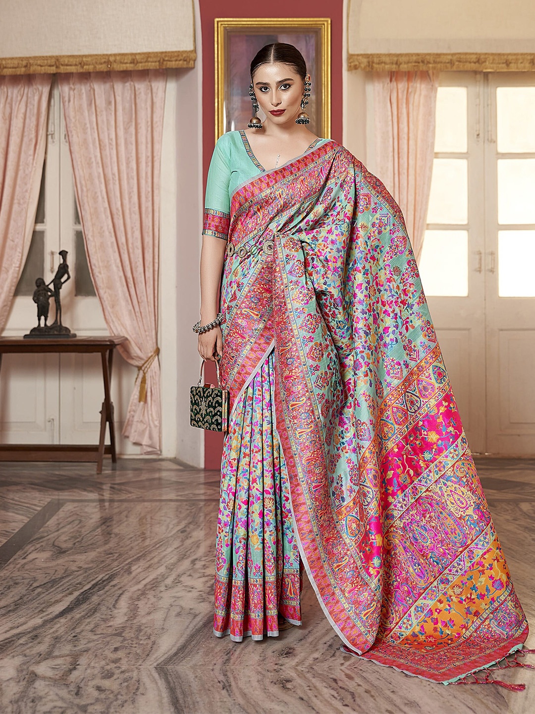 

elora Floral Woven Design Saree, Blue