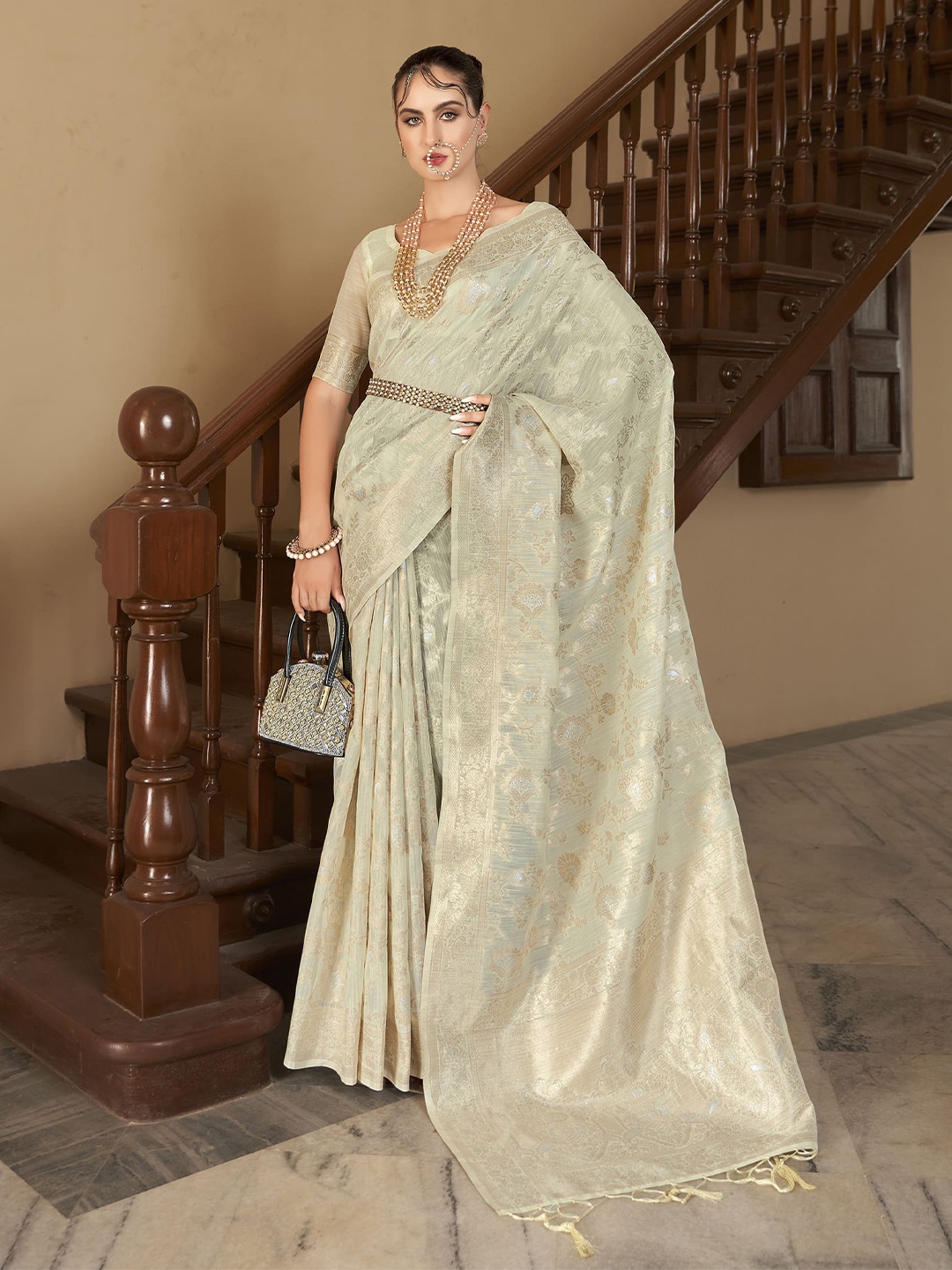 

elora Ethnic Motifs Woven Design Zari Detail Banarasi Saree, Grey
