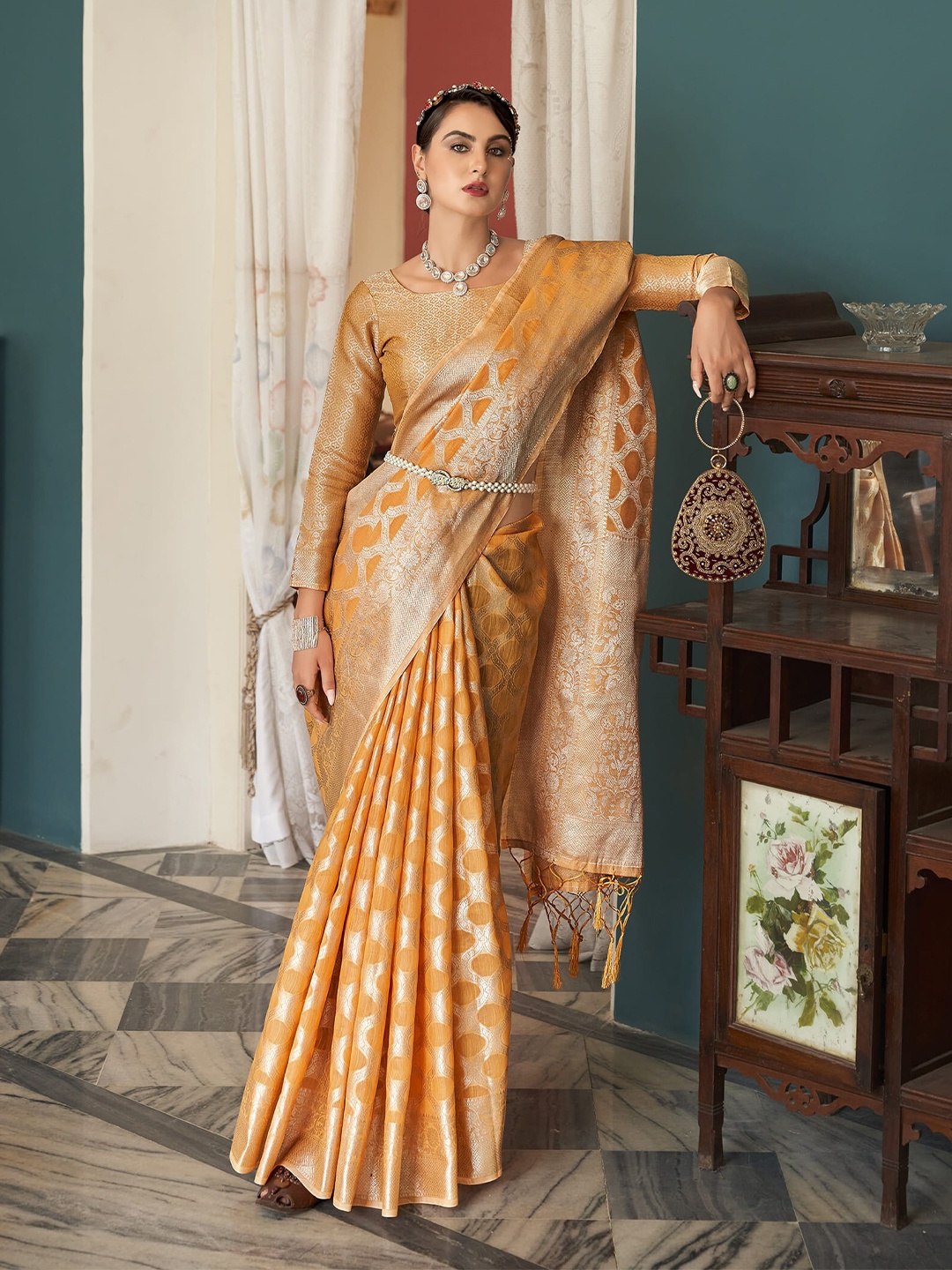 

elora Ethnic Motifs Woven Design Zari Linen Blend Banarasi Saree, Orange