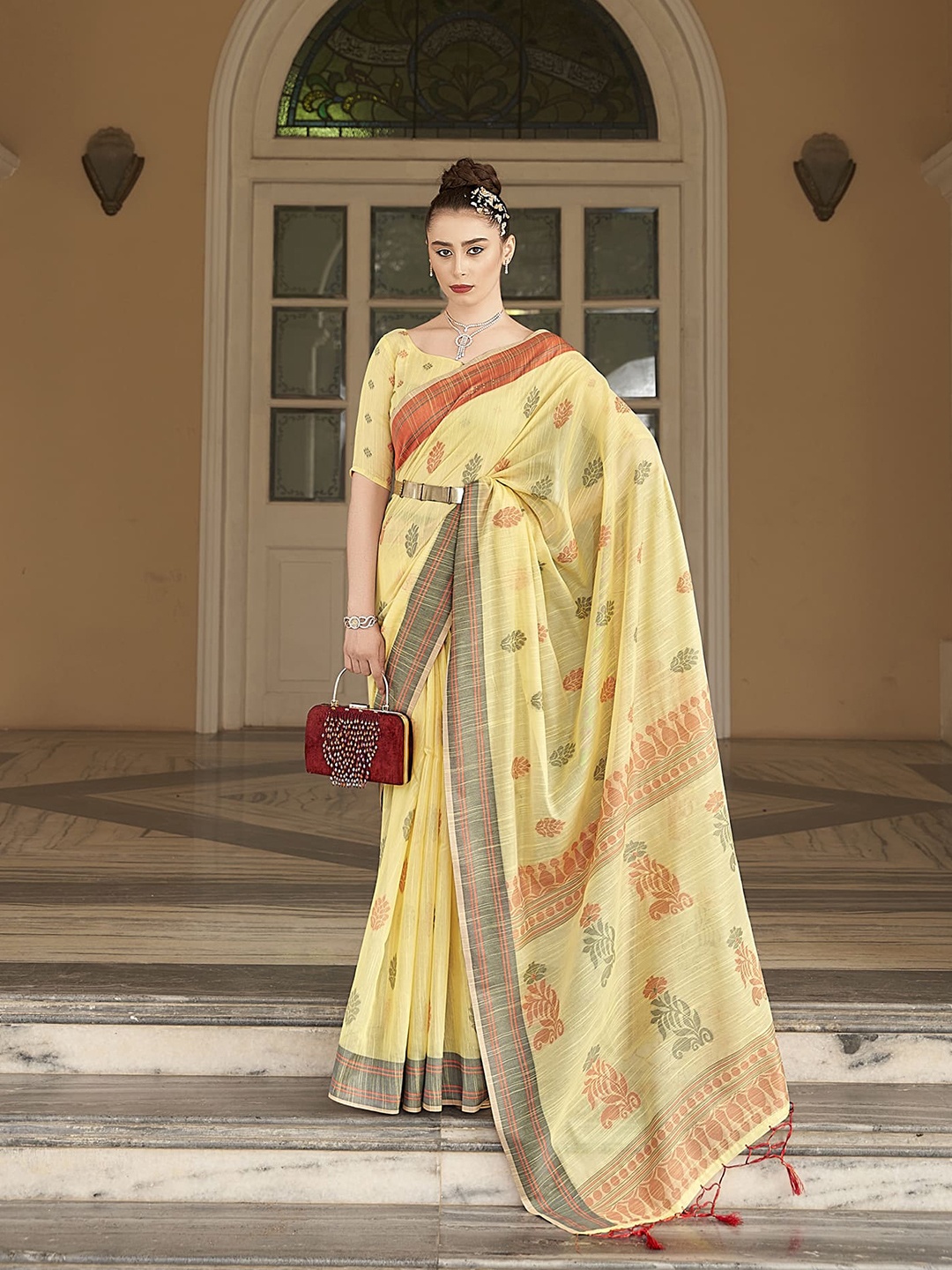 

elora Ethnic Motifs Woven Design Designer Saree, Yellow
