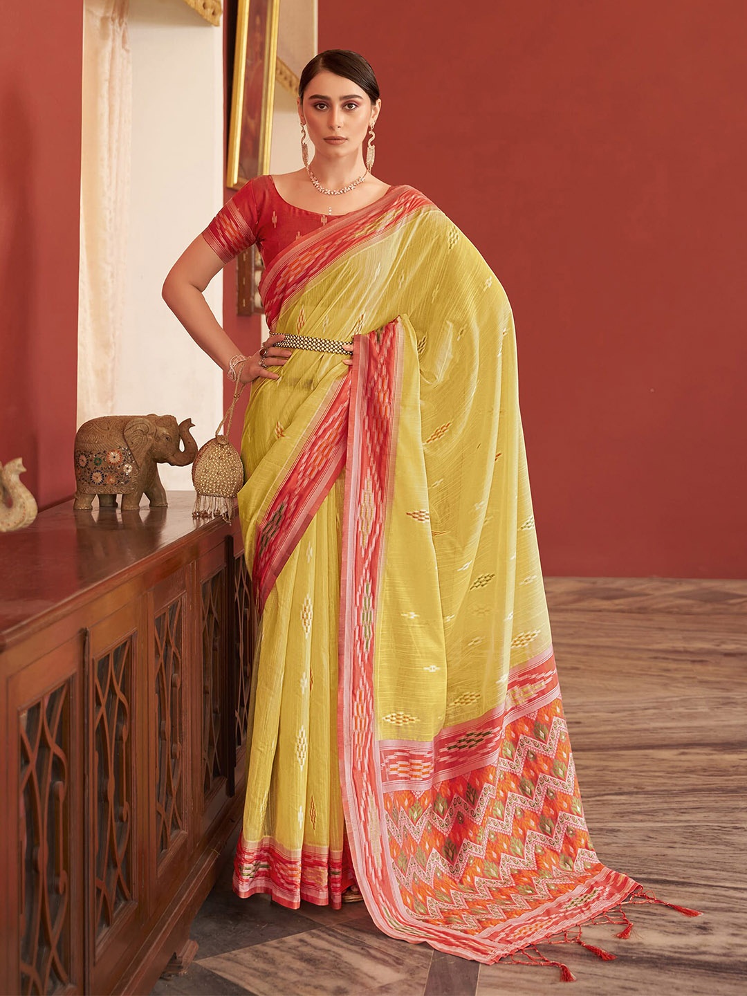 

elora Ethnic Motifs Woven Design Zari Designer Saree, Yellow