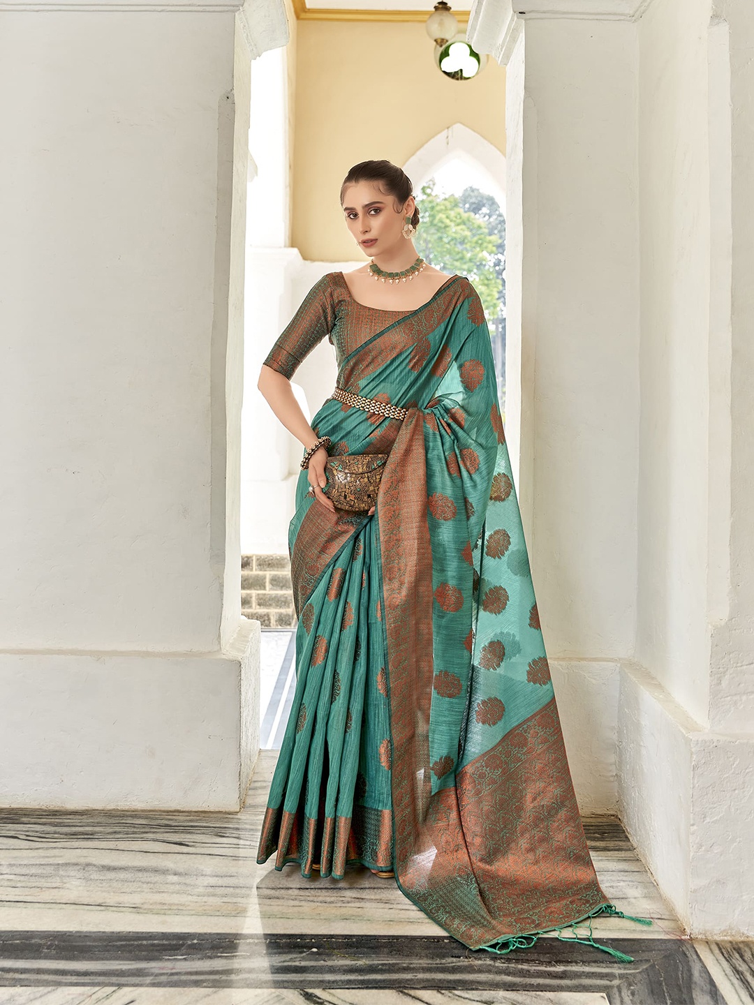 

elora Ethnic Motifs Woven Design Zari Detail Saree, Green