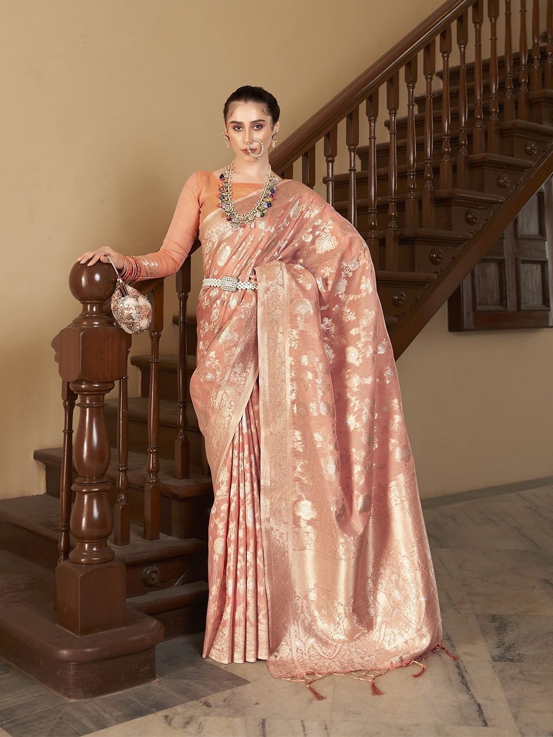 

elora Ethnic Motifs Woven Design Zari Detail Banarasi Saree, Peach