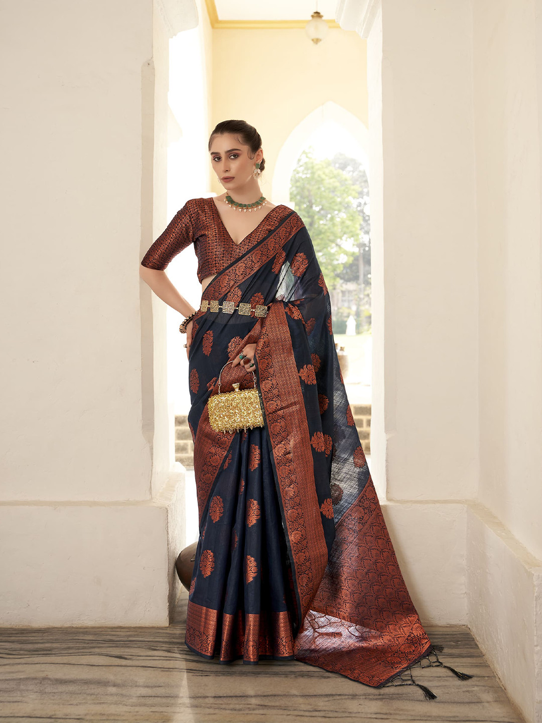 

elora Ethnic Motifs Woven Design Zari Banarasi Designer Saree, Navy blue