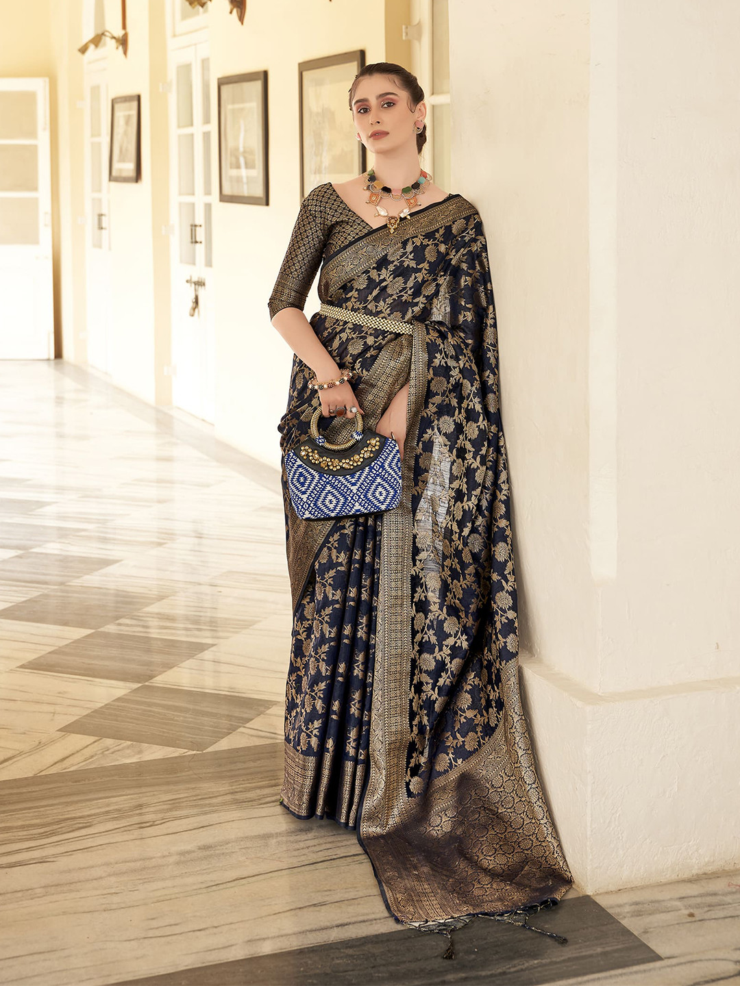 

elora Ethnic Motifs Woven Design Zari Linen Silk Banarasi Designer Saree, Navy blue