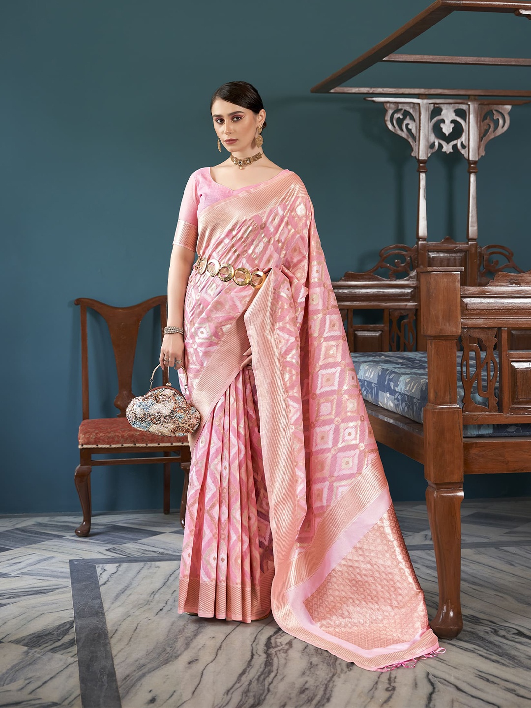 

elora Geometric Woven Design Zari Banarasi Designer Saree, Pink