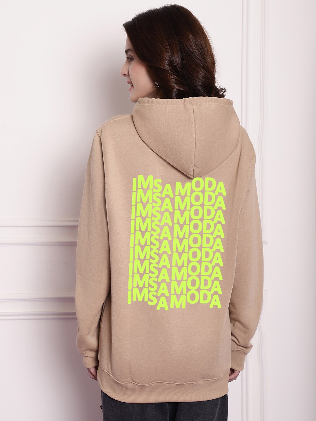 

Imsa Moda Typography Printed Hooded Fleece Pullover, Beige