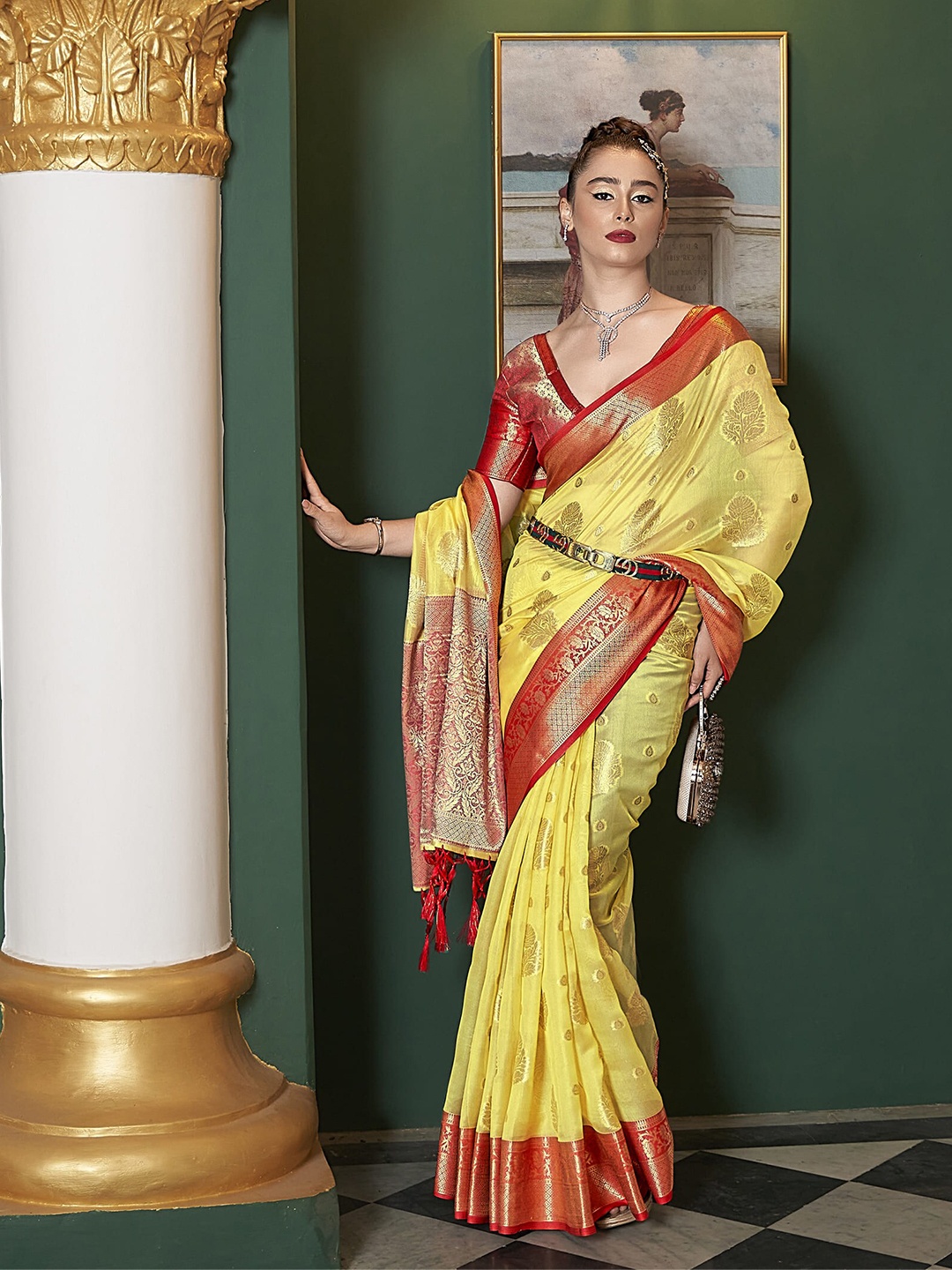 

elora Ethnic Motifs Woven Design Zari Detail Banarasi Saree, Yellow