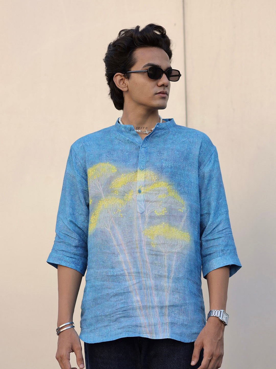 

ADDY'S for men Comfort Printed Linen Mandarin Collar Casual Shirt, Blue
