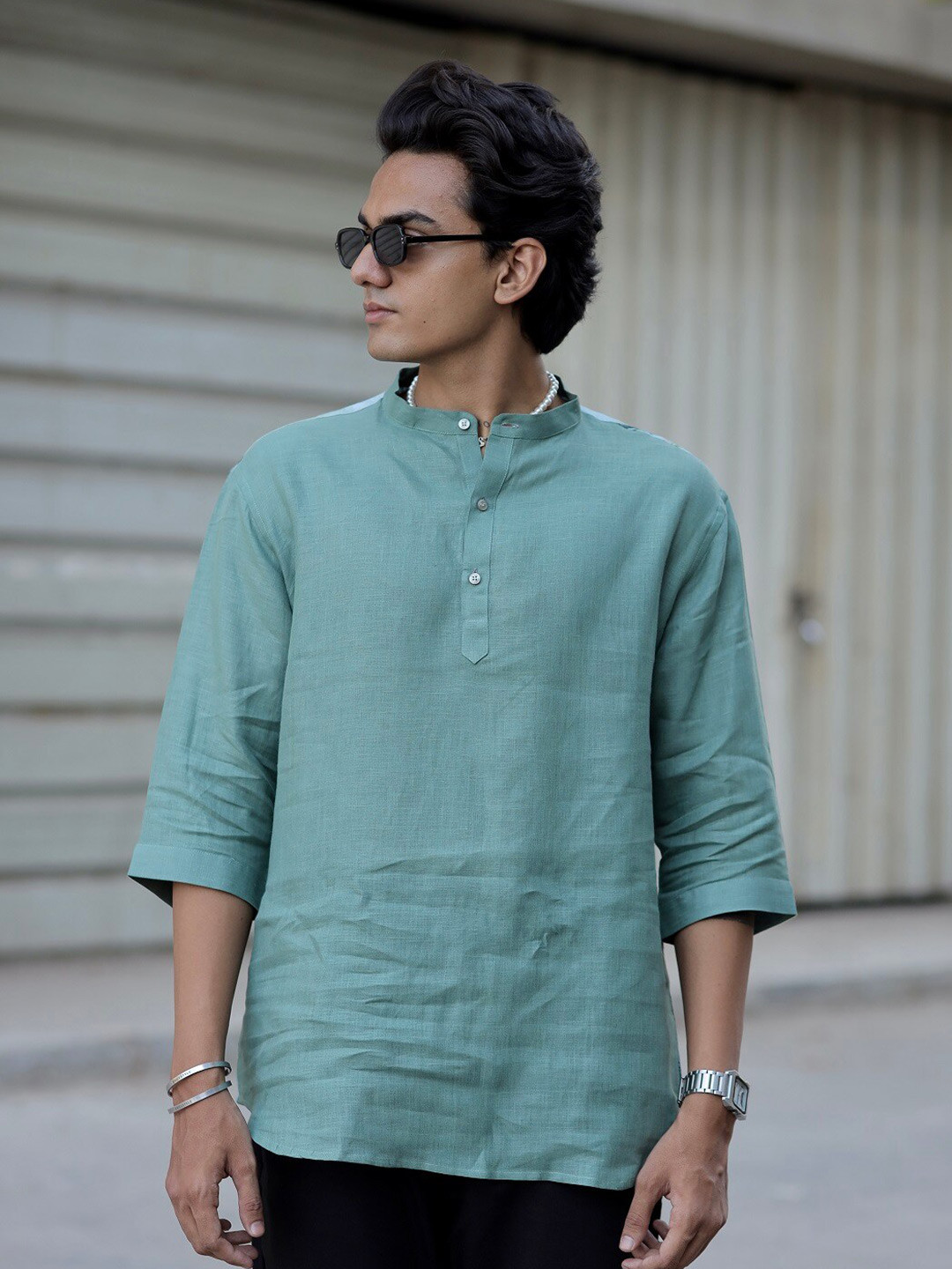

ADDY'S for men Comfort Mandarin Collar Linen Casual Shirt, Sea green