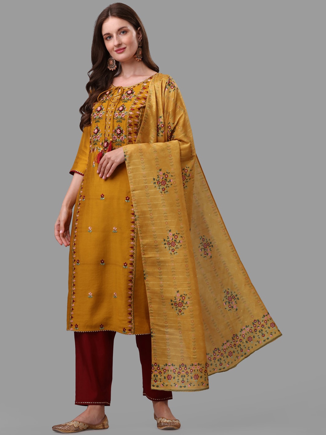 

KALINI Floral Embroidered Regular Straight Kurta & Trousers With Dupatta, Mustard