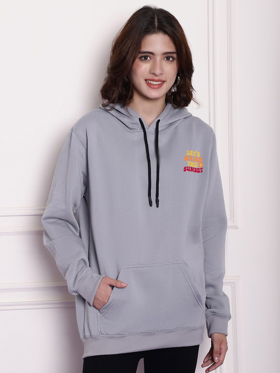 

Imsa Moda Typography Printed Hooded Oversized Fit Pullover Fleece Sweatshirt, Grey
