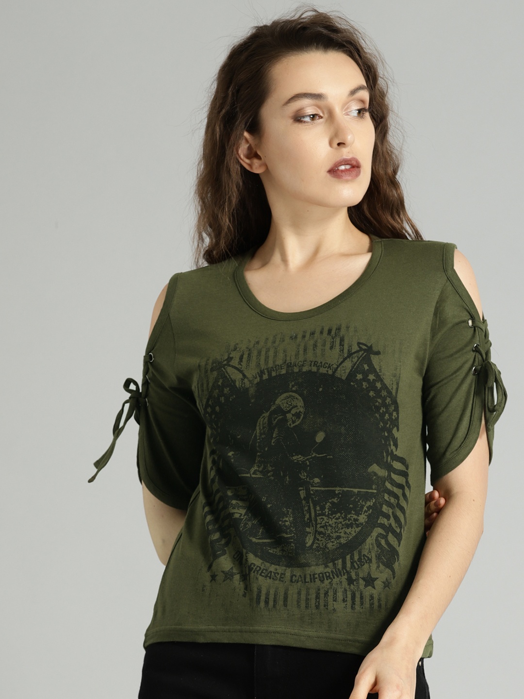 

Roadster Women Olive Green Printed Pure Cotton Top