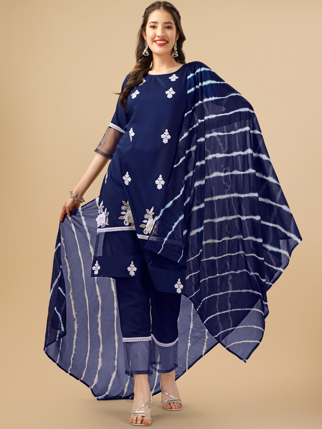 

Sangria Ethnic Motif Embroidered Straight Kurta With Trouser & Duapatta, Navy blue