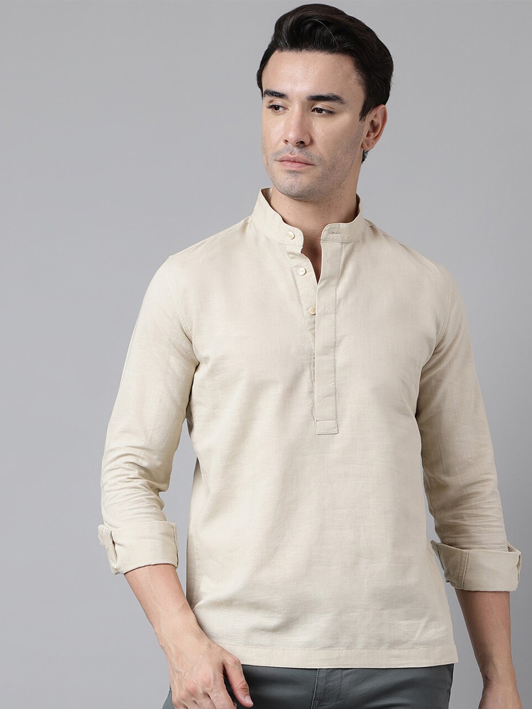 

Woodland Mandarin Collar Casual Shirt, Beige