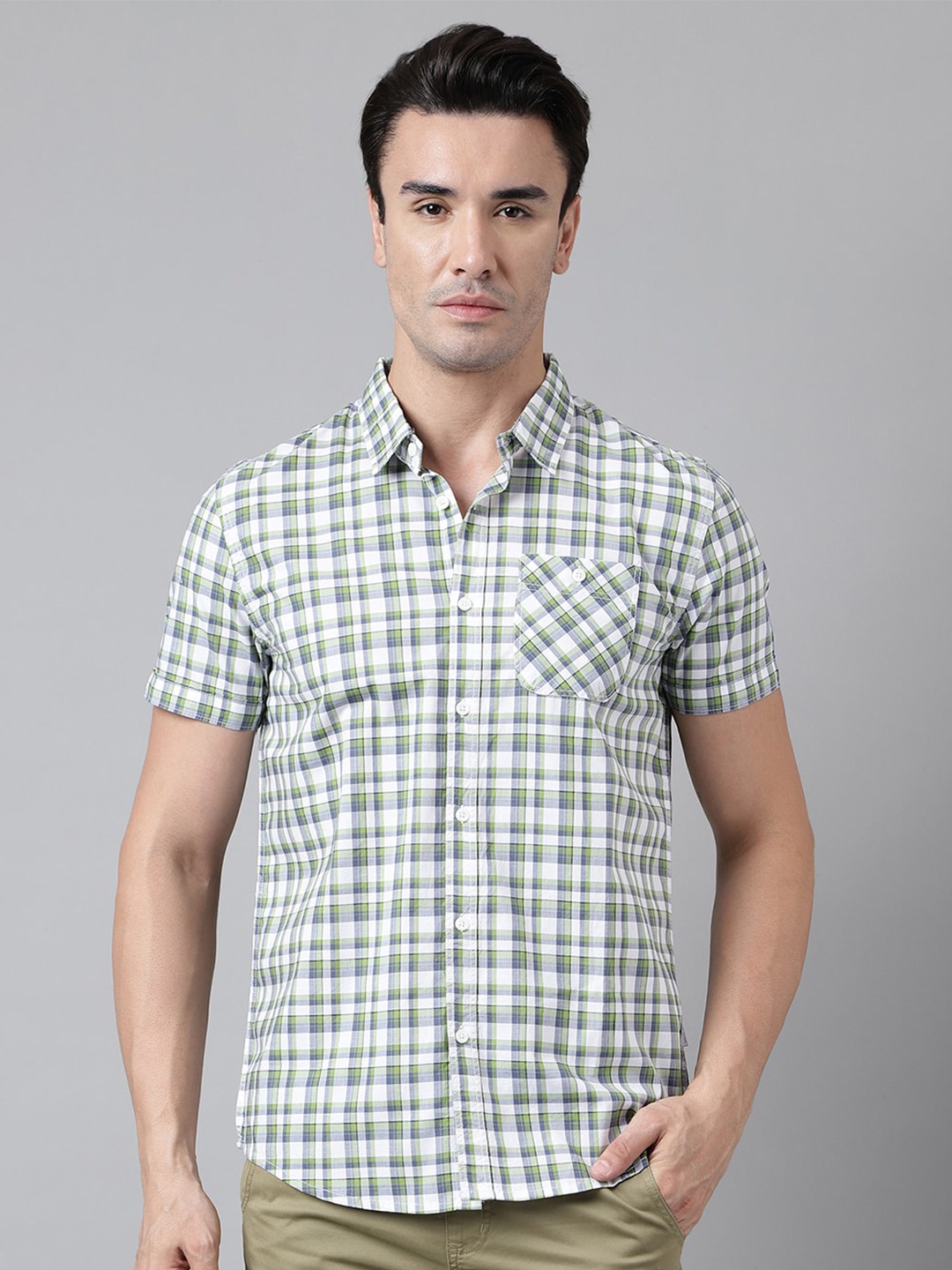 

Woodland Tartan Checks Opaque Pure Cotton Casual Shirt, Green