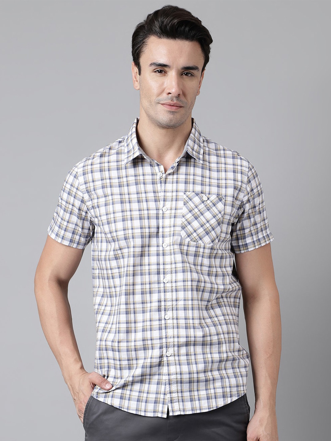

Woodland Tartan Checks Opaque Pure Cotton Casual Shirt, Beige
