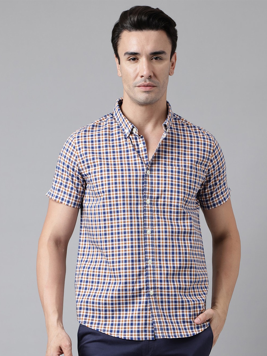 

Woodland Checked Opaque Pure Cotton Casual Shirt, Beige